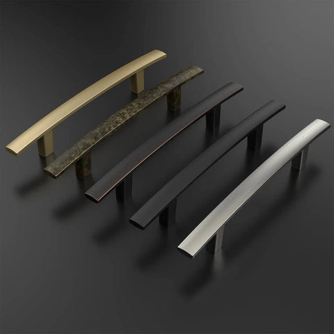Various finishes of cabinet handles including brushed nickel from the 20 Pack Solid Zinc Alloy Cabinet Handles In Brushed Nickel, 3 Inch Center To Center Arch Drawer Pulls, 5-1/4 Inch Overall Length, Durable Modern Hardware For Kitchen Cabinets And Bathroom Cupboards.