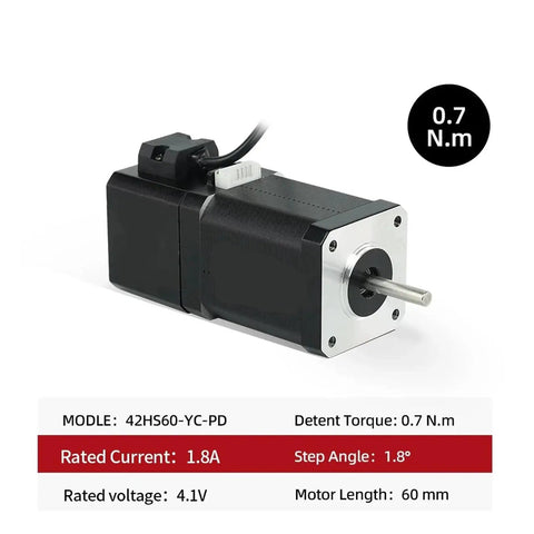 Side view of a black NEMA17 two-phase stepper motor with silver front flange, 60 mm length, 0.7 N.m torque.