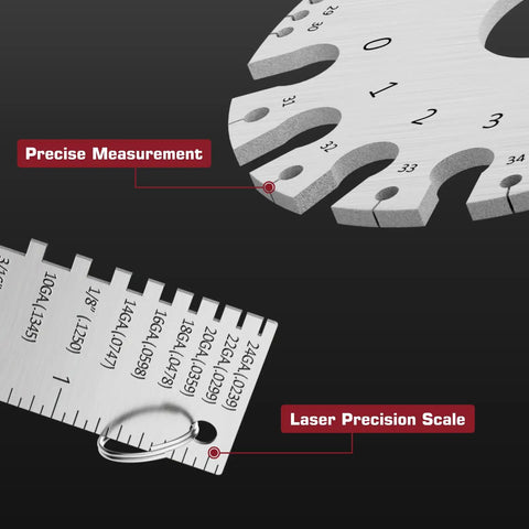 Close-up of Dual Sided Stainless Steel Metal Gauge Thickness Tool 0-36 Range Pro Grade with laser precision scale for measurements.