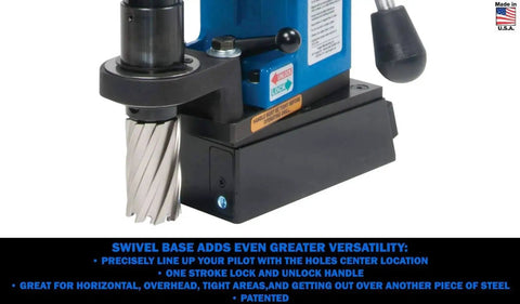 Close-up of Beefy 115 Volt Swivel Base Magnetic Drill Fabricator Kit With Integrated Coolant Bottle And Half Inch Drill Chuck Plus Adapter And Rotabroach Cutter Kit From Hougen For Fast Precise Metal Drilling showing the drill base and cutter.