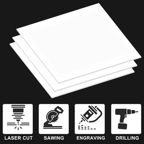 Stack of Premium Glossy White Cast Acrylic Sheets 1/8 Inch Thick 3mm 8x10 Inch Pack of 2 with icons for laser cutting and engraving.