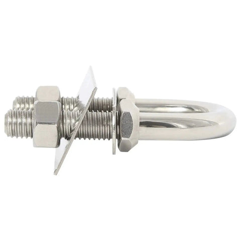 Side view of stainless steel bow and stern eye U bolts with nuts and washers, 1/2 inch diameter, 4.25 inch thread, marine tie down anchors