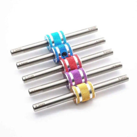 Colored mini 4WD hexagonal turnbuckles 4 to four point five millimeter self made parts for Tamiya pro tool use organized on a white surface