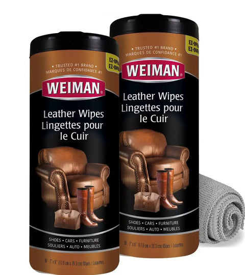 Two-pack of Weiman Leather Care Wipes With Microfiber Cloth for quick easy cleaning conditioning and UV protection.
