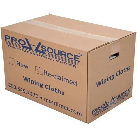 Box labeled 'Pro-Source Reclaimed Terry Cloth Rags Assorted Colors 25 Lb Pack 3 To 4 Pieces Per Pound Heavy Duty Shop Wipes'