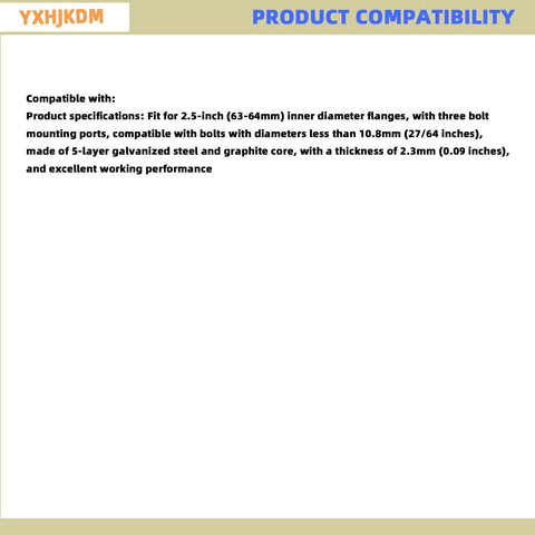 2.5-inch exhaust gasket with fire ring compatibility sheet; 63–64mm inner diameter flanges, 3-bolt mounting, graphite core