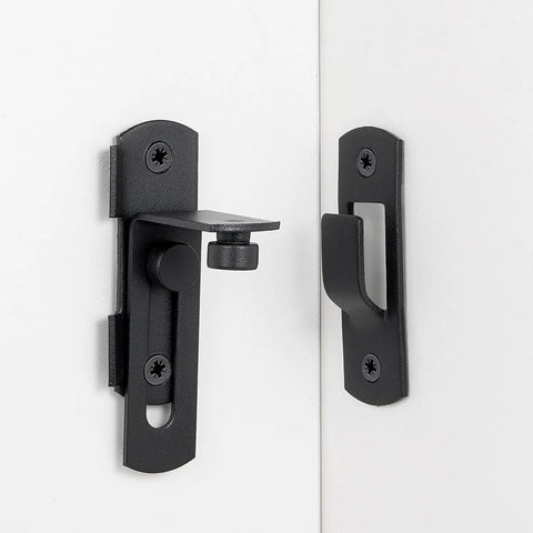 Matte Black 90 Degree Flip Barn Door Lock Latches, Stainless Steel Gate Latch, installed on a white door, close-up view.