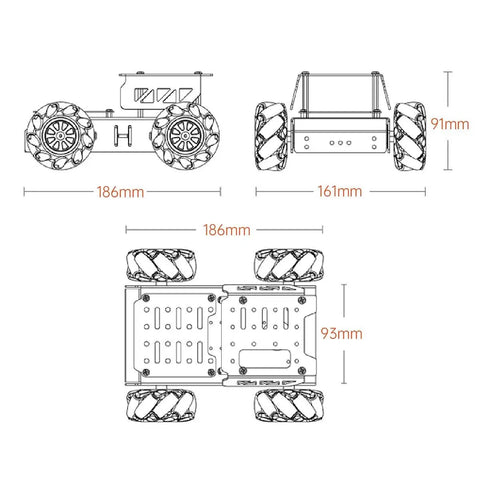 Technical drawing of Mecanum Wheel Chassis Car Kit with TT Motors and Aluminum Alloy Frame for DIY Education Robots, dimensions shown