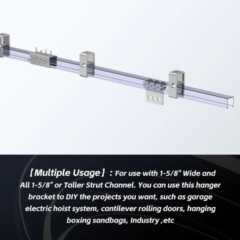 Channel Trolley Track Hanger Bracket For 1-5/8 Inch Strut Channel showing multiple usage options and configuration details.