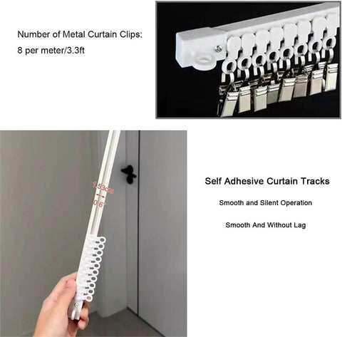 DIY Friendly Self Adhesive Curtain Track Ceiling Or Wall Mount No Drill No Damage Hanger System Easy Install Rails White 2.4m