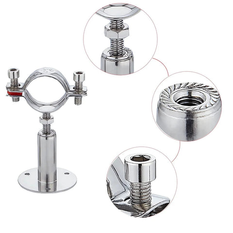 2 Pack Wall and Ceiling Pipe Mount Clamps 304 Stainless Steel Rubber Cushioned and Rust Resistant Waterproof and Oil Proof Adjustable Height 30 to 60mm Fits 15 to 19mm OD Pipes Heavy Duty Pipe Supports for Home and Workshop, shown from different angles and close-up views.