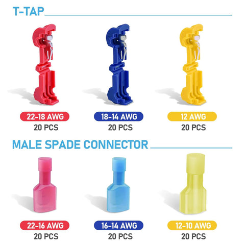 T-TAP wire connectors with case; red 22-18AWG, blue 18-14AWG, yellow 12AWG (20pcs); pink/blue/yellow male spade connectors.