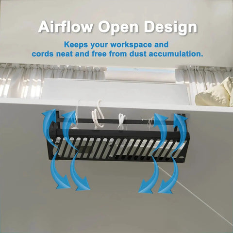 Installed Under Desk Cable Management Tray 17 Inch Metal Wire Organizer for cords and power strips with airflow design