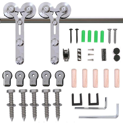 6Ft Barn Door Sliding Track Kit In Stainless Steel Heavy Duty Hardware For Single Wood Door Up To 220 Lbs Y Shape Hanger Quiet Smooth Glide Rust Resistant Easy Install Modern Farmhouse Decor Durable Track And Roller System components displayed.