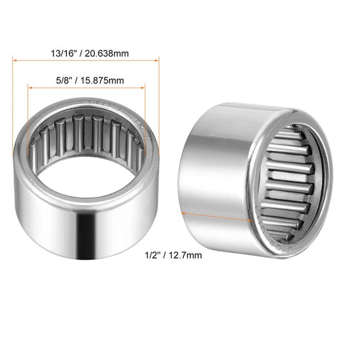 uxcell SCE108 needle roller bearing, drawn cup open end, 5/8 in bore, 13/16 in OD, 1/2 in width, silver metal, 5 pcs