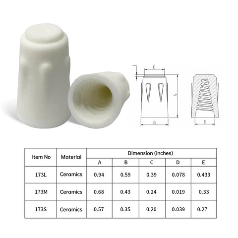 Ceramic wire connector caps, two white porcelain pieces with hollow interiors; front and side views with a dimension diagram.