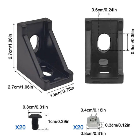 Image of Aluminum Extrusion Corner Brackets Kit For 20S Rails 20x28x28mm L Shaped Brackets with 40 M5 nuts and bolts measurements.