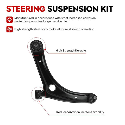 Front Lower Control Arm Suspension Kit With Heavy Duty Ball Joint Tie Rods For 2007 2017 Jeep Compass Patriot And 2009 2012 Dodge Caliber Front End Replacement Eight Piece Set K620065 K620066 showing high strength material.