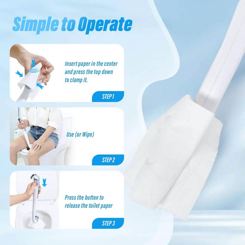 Butt Wiper Tool With Replaceable Head And 16.5 Inch Handle Locking Mushroom Head Toilet Aid, instructions displayed.