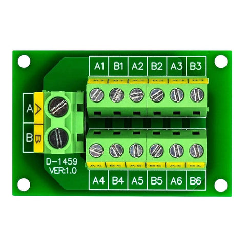 Top view of 30 Amp 48V 2 By 6 Position Screw Terminal Block Distribution Module with A and B Blocks, 7.62mm Pitch