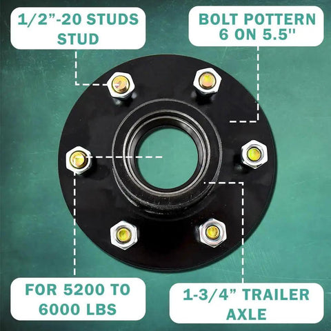 Heavy Duty 6 On 5.5 Inch Trailer Hub Kit For 6000 Lb Axles Fits 42 Spindle 6 Lug Includes Inner Bearings 25580 25520 And Outer Bearings 15123 15245 With Grease Seals EZ Lube Cap And Bearing Races For 5200 To 6000 Lb Trailers, showing front view with bolt pattern and specs.