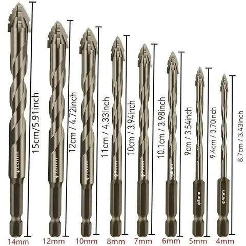 8-Piece Hardened Alloy Drill Bit Set With Four-Flute Core Design And Sharp Landing Tip For Concrete, Brick, Ceramic And Tile Drilling