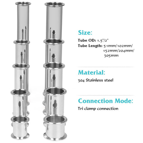 Stainless steel tri-clamp tube spool, pair, 2-inch OD, 6-inch length, 304 seamless tubing