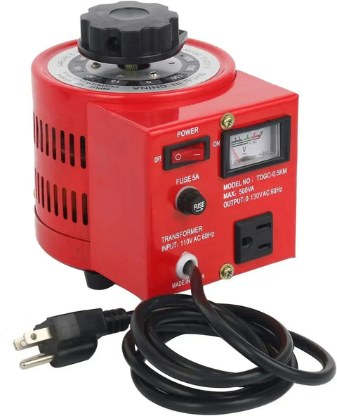 Auto Voltage Transformer 110V Input to 0 to 130V AC Variable Voltage Converter 500W with voltmeter, power cord, red casing