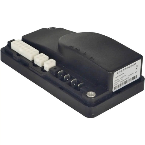 DC motor controller module, black plastic housing with white multi-pin connectors, side-angle view