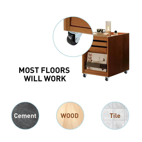 Low Profile 1 Inch Caster Wheels Set 8 Pcs Heavy Duty Rubber Swivel Casters With Bearings And Top Plate 22 Lbs Per Wheel Capacity 360 Degree Swivel For Furniture And Appliances Screws Included installed on a wooden cabinet on various floor types including cement, wood, and tile.