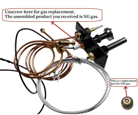 Front view of replacement NG/LPG fireplace pilot assembly with copper tubing, 750mV thermopile, and gas valve.
