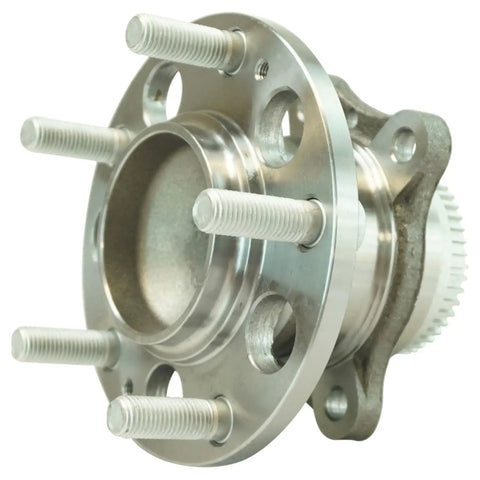 Beefed Up Rear Left Or Right Wheel Bearing And Hub Assembly For Hyundai Elantra 2011 2016, Elantra Coupe 2013 2014, Elantra GT 2013 2017, Kia Forte Forte5 2014 2018, And Koup 2014 2016, Easy Install Premium Fit, close-up view with 5 stud bolts and metal finish