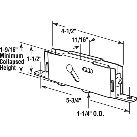 Diagram of 2 Pack Sliding Patio Door Tandem Roller Assembly For Common Vinyl Sliding Doors with detailed measurements.