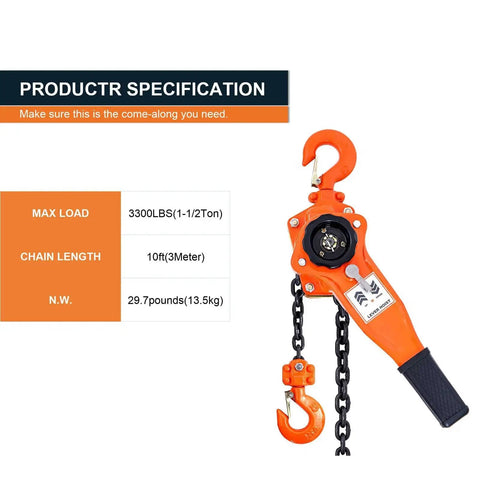 Lever Chain Hoist 1.5 Ton 10 Foot With 3 Meter Chain Come Along Ratchet Puller with specs on the side