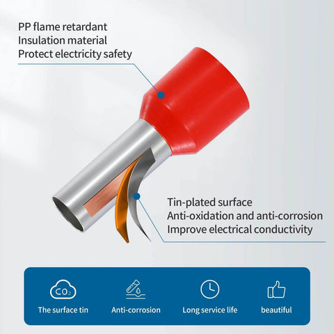 Five Size Copper Wire Ferrule Kit With Insulated Pin Terminals For AWG 10 8 6 4 2, close-up of insulated crimps and copper connectors