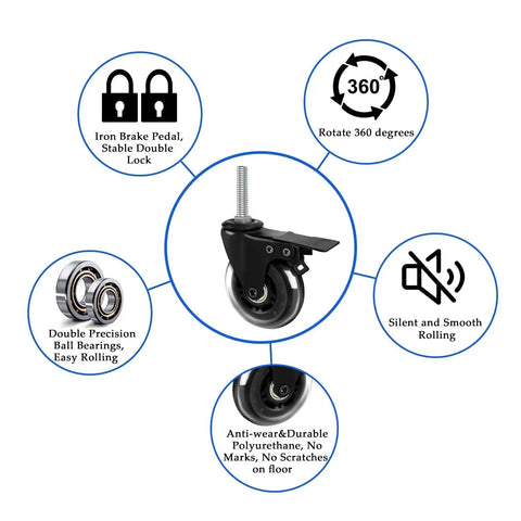 Three Inch Caster Wheels Set Of Four Heavy Duty Casters With Two Brakes And Two Swivel Casters No Noise Rubber Wheels features diagram.