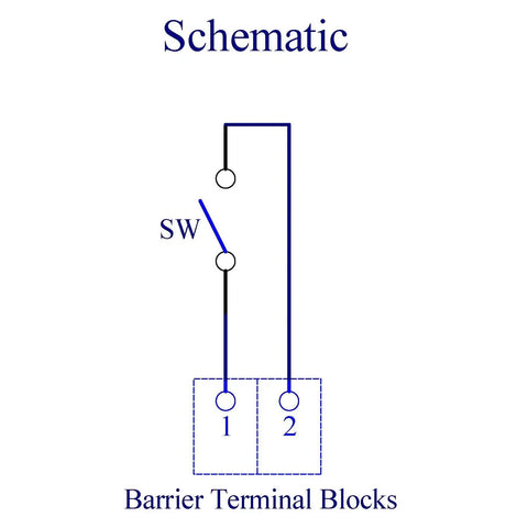 Schematic diagram of rail mount rocker switch module for 10 amp power, showing barrier terminal blocks and switch placement.
