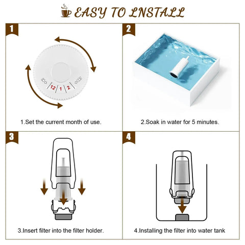 Replacement water filter for Breville espresso machines; 4-step install: soak, insert into holder, install in tank