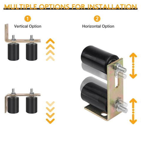 Universal Adjustable Heavy Duty Sliding Gate Rollers Kit With L Shaped Brackets showing installation options for barn doors, sheds.