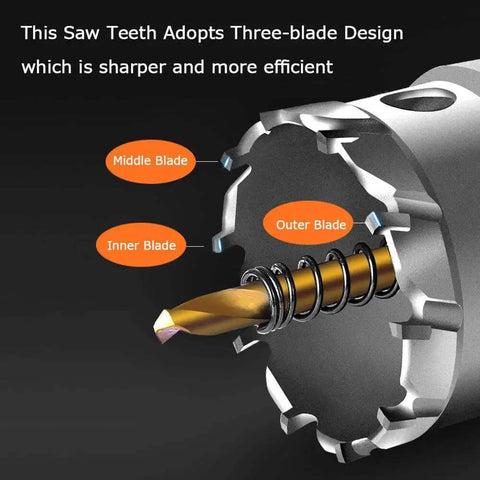 Beefy 3 Inch Tungsten Carbide Tipped Hole Saw Cutter For Metal Steel Iron Wood Plastic With 2 Titanium Plated Pilot Bits High Hardness Rust Resistant Durable ASNOMY showing three-blade design.