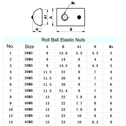 Dimensions chart for Roll In Spring M6 T Nut For 4040 Aluminum Extrusion, showcasing various sizes of ball elastic nuts.