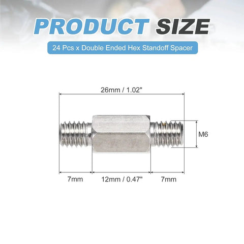 Stainless Steel Double End Studs M6 7mm Ends, 12mm Center, Male To Male Rods with dimensions 26mm total length.