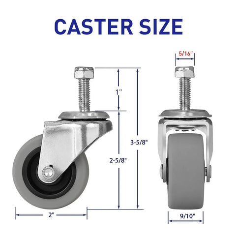 2 Inch Rubber Swivel Caster Wheels With Threaded Stem Five Sixteenths By Eighteen One Inch Stem Length dimensions displayed