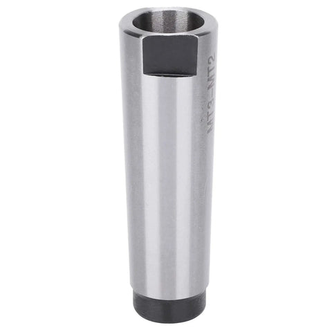 Side view of a silver MT3 to MT2 taper drill sleeve arbor adapter with black end caps