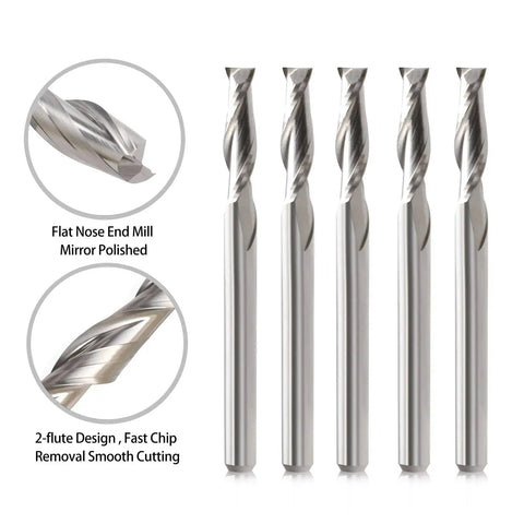 Set Of Ten Pro Grade CNC Router Bits One Eighth Inch Shank One Sixteenth Inch Cutting Diameter Flat Nose Carbide End Mills Two Flute Spiral Upcut For Wood PVC MDF Hardwood Engraving Milling And Slotting Projects image showing five bits
