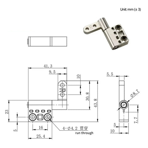 Isometric view of a 360-degree rotating torque zinc alloy damping hinge, silver metal, 1 piece.