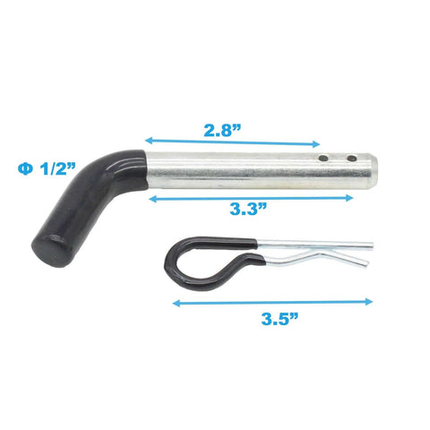 Side view of Built To Last Zinc Plated Steel Trailer Hitch Pin And Clip Set One Half Inch Diameter with vinyl coated head, measurements shown.