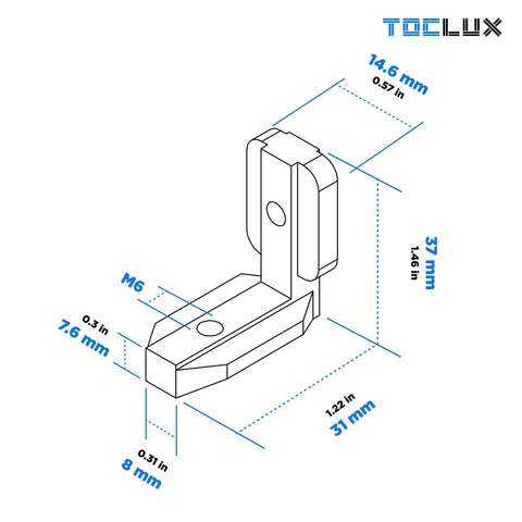 Diagram of Built Tough 3030 Interior Corner Connector Kit For 30 Series Aluminum Extrusion with detailed measurements.