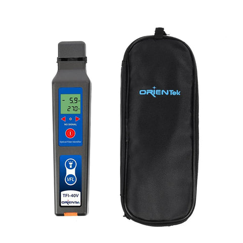 TFI-40V fiber optic identifier handheld device with blue display and VFL 10mW LED, beside a black ORIENTek carry case