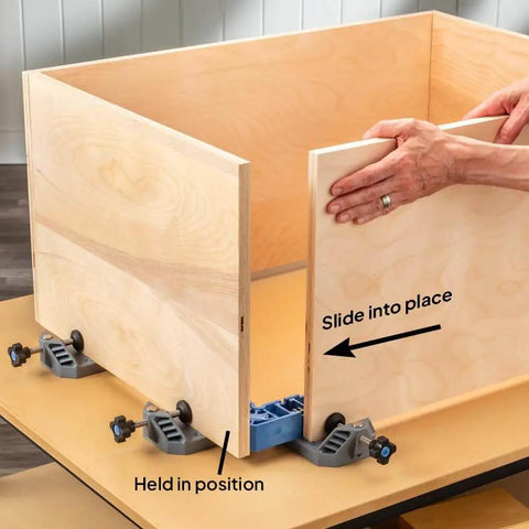 Clamp It Corner Woodworking Jig For 90 Degree Right Angle Cabinet Assembly hands-free for precise panel positioning.